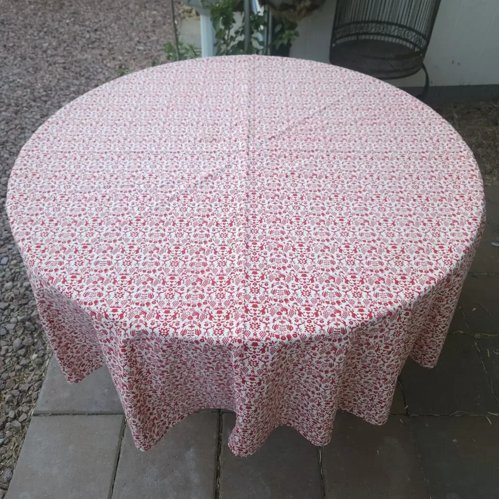 Vtg Round Tablecloth Red Cotton Handmade AOP Folk Art‎ Stag Cottage 4th July 80